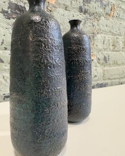 Japanese Craftsman Bronze Vases Black Volcanic Patinated Enamel Japan 1930s