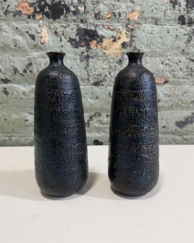 Japanese Craftsman Bronze Vases Black Volcanic Patinated Enamel Japan 1930s