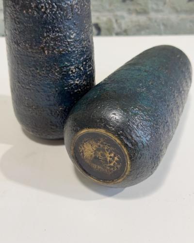 Japanese Craftsman Bronze Vases Black Volcanic Patinated Enamel Japan 1930s