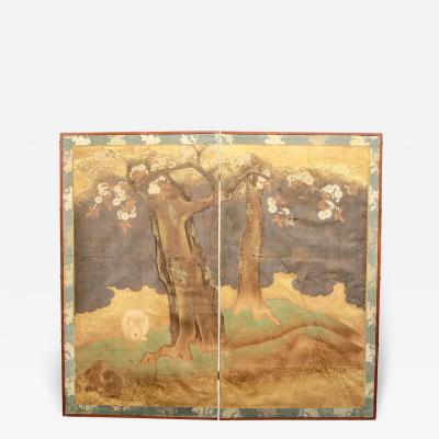 Japanese Edo Decorated Paper Two Panel Screen
