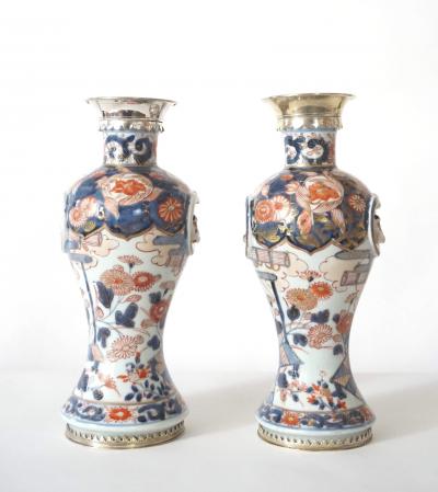 Japanese Edo Imari Paktong Mounted Garniture Vases Pair circa 1720