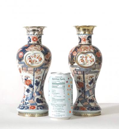 Japanese Edo Imari Paktong Mounted Garniture Vases Pair circa 1720