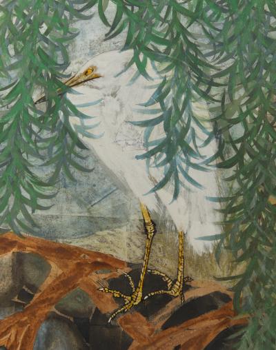 Japanese Eight Panel Screen Herons in Willow