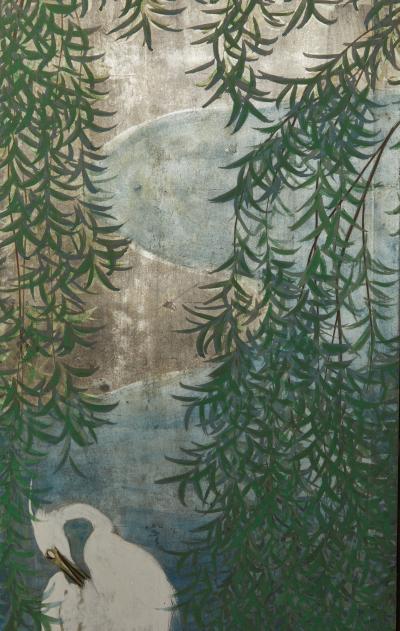 Japanese Eight Panel Screen Herons in Willow