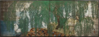 Japanese Eight Panel Screen Herons in Willow