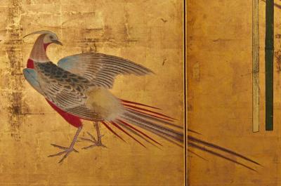 Japanese Four Panel Screen A Family of Golden Pheasants Under Wisteria