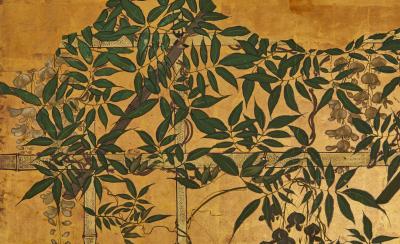 Japanese Four Panel Screen A Family of Golden Pheasants Under Wisteria