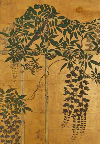 Japanese Four Panel Screen A Family of Golden Pheasants Under Wisteria