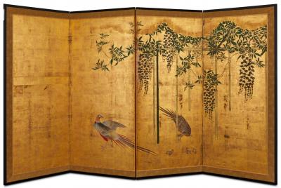 Japanese Four Panel Screen A Family of Golden Pheasants Under Wisteria