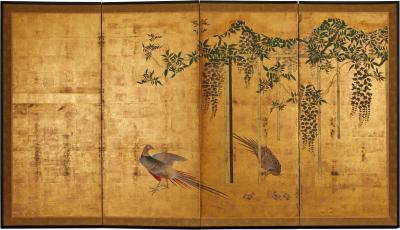 Japanese Four Panel Screen A Family of Golden Pheasants Under Wisteria