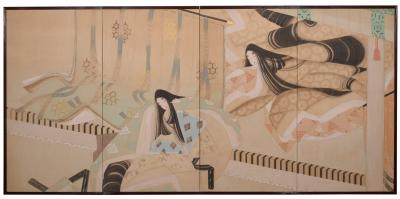 Japanese Four Panel Screen A Scene from the Tails of Genji