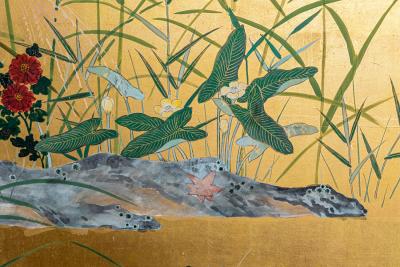 Japanese Four Panel Screen Autumn Flowers and Moon on Gold