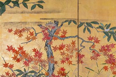 Japanese Four Panel Screen Autumn Flowers and Moon on Gold