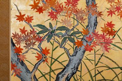 Japanese Four Panel Screen Autumn Flowers and Moon on Gold