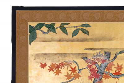 Japanese Four Panel Screen Autumn Flowers and Moon on Gold