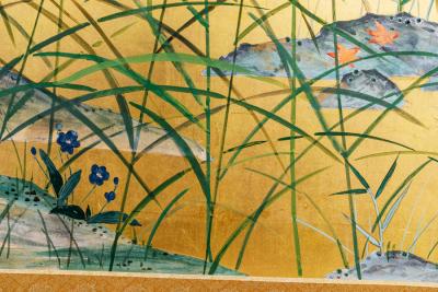 Japanese Four Panel Screen Autumn Flowers and Moon on Gold