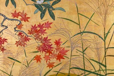 Japanese Four Panel Screen Autumn Flowers and Moon on Gold