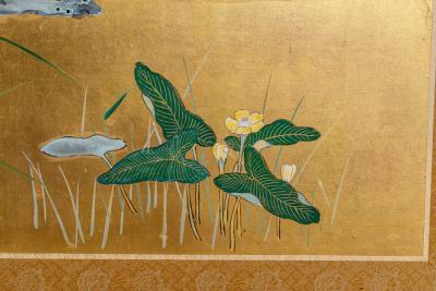 Japanese Four Panel Screen Autumn Flowers and Moon on Gold