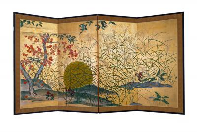 Japanese Four Panel Screen Autumn Flowers and Moon on Gold