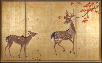 Japanese Four Panel Screen Buck and Doe with Autumn Maple on Gold