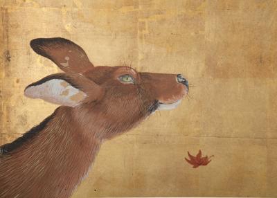 Japanese Four Panel Screen Buck and Doe with Autumn Maple on Gold