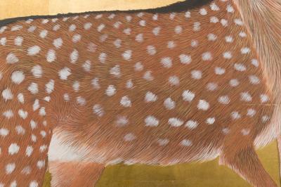 Japanese Four Panel Screen Buck and Doe with Autumn Maple on Gold