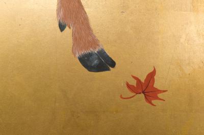Japanese Four Panel Screen Buck and Doe with Autumn Maple on Gold