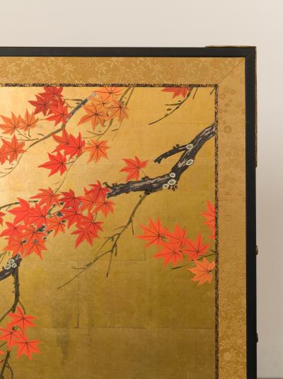 Japanese Four Panel Screen Buck and Doe with Autumn Maple on Gold