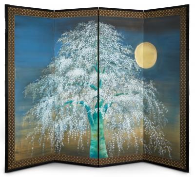Japanese Four Panel Screen Cherry Viewing Under Moonlight