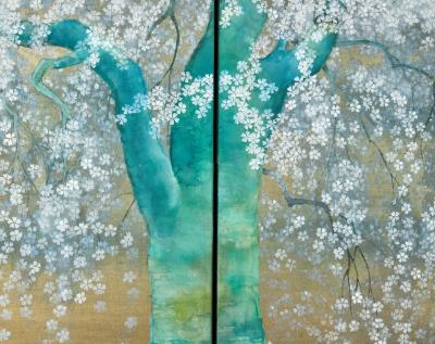 Japanese Four Panel Screen Cherry Viewing Under Moonlight