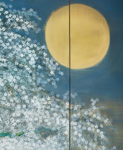 Japanese Four Panel Screen Cherry Viewing Under Moonlight