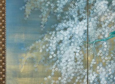 Japanese Four Panel Screen Cherry Viewing Under Moonlight