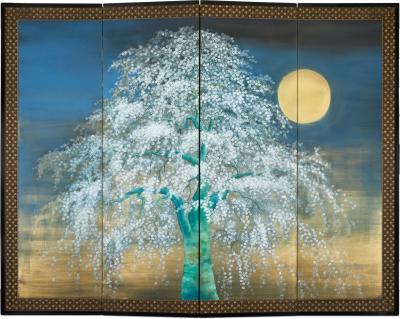 Japanese Four Panel Screen Cherry Viewing Under Moonlight
