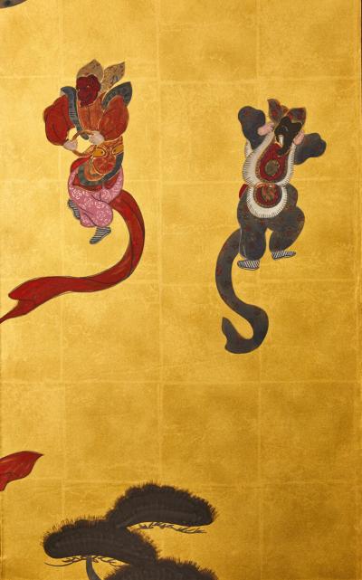 Japanese Four Panel Screen Dancing Figures
