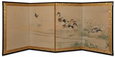 Japanese Four Panel Screen Ducks on a River Bank