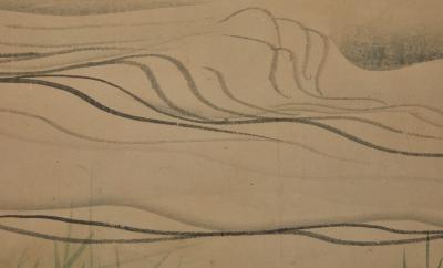 Japanese Four Panel Screen Ducks on a River Bank