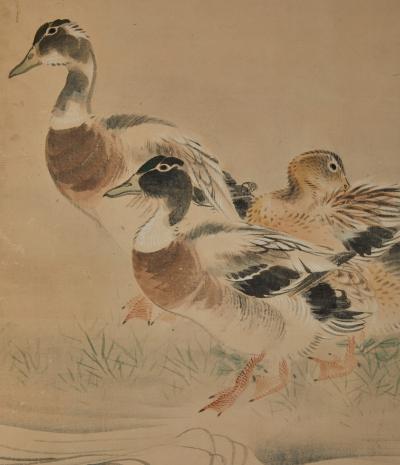 Japanese Four Panel Screen Ducks on a River Bank