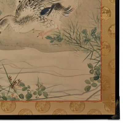 Japanese Four Panel Screen Ducks on a River Bank
