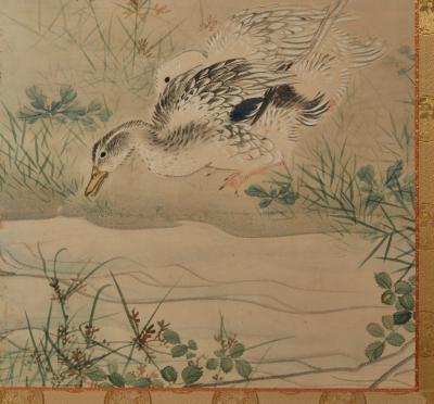 Japanese Four Panel Screen Ducks on a River Bank
