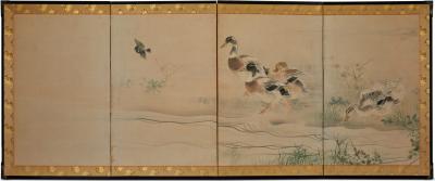 Japanese Four Panel Screen Ducks on a River Bank