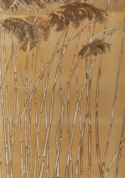 Japanese Four Panel Screen Fishing Boat in the Reeds