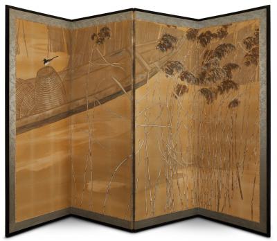 Japanese Four Panel Screen Fishing Boat in the Reeds