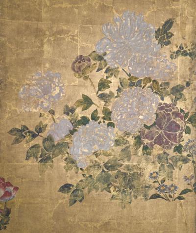 Japanese Four Panel Screen Garden Landscape with Poppies