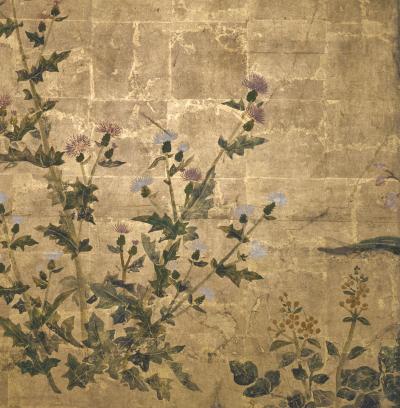 Japanese Four Panel Screen Garden Landscape with Poppies