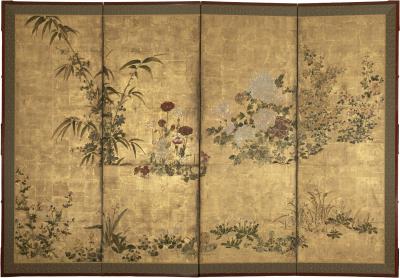 Japanese Four Panel Screen Garden Landscape with Poppies