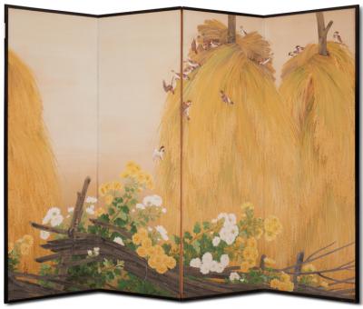 Japanese Four Panel Screen Japanese Tree Sparrows on Drying Stacks