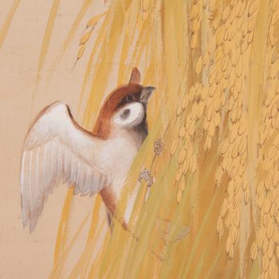 Japanese Four Panel Screen Japanese Tree Sparrows on Drying Stacks