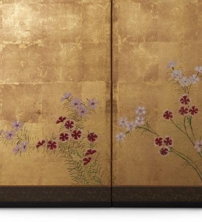 Japanese Four Panel Screen Nadeshiko on Gold Leaf