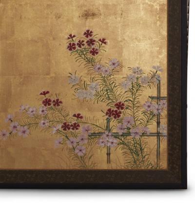 Japanese Four Panel Screen Nadeshiko on Gold Leaf