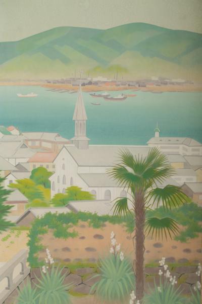 Japanese Four Panel Screen Okinawa Painting of a Temple Scene